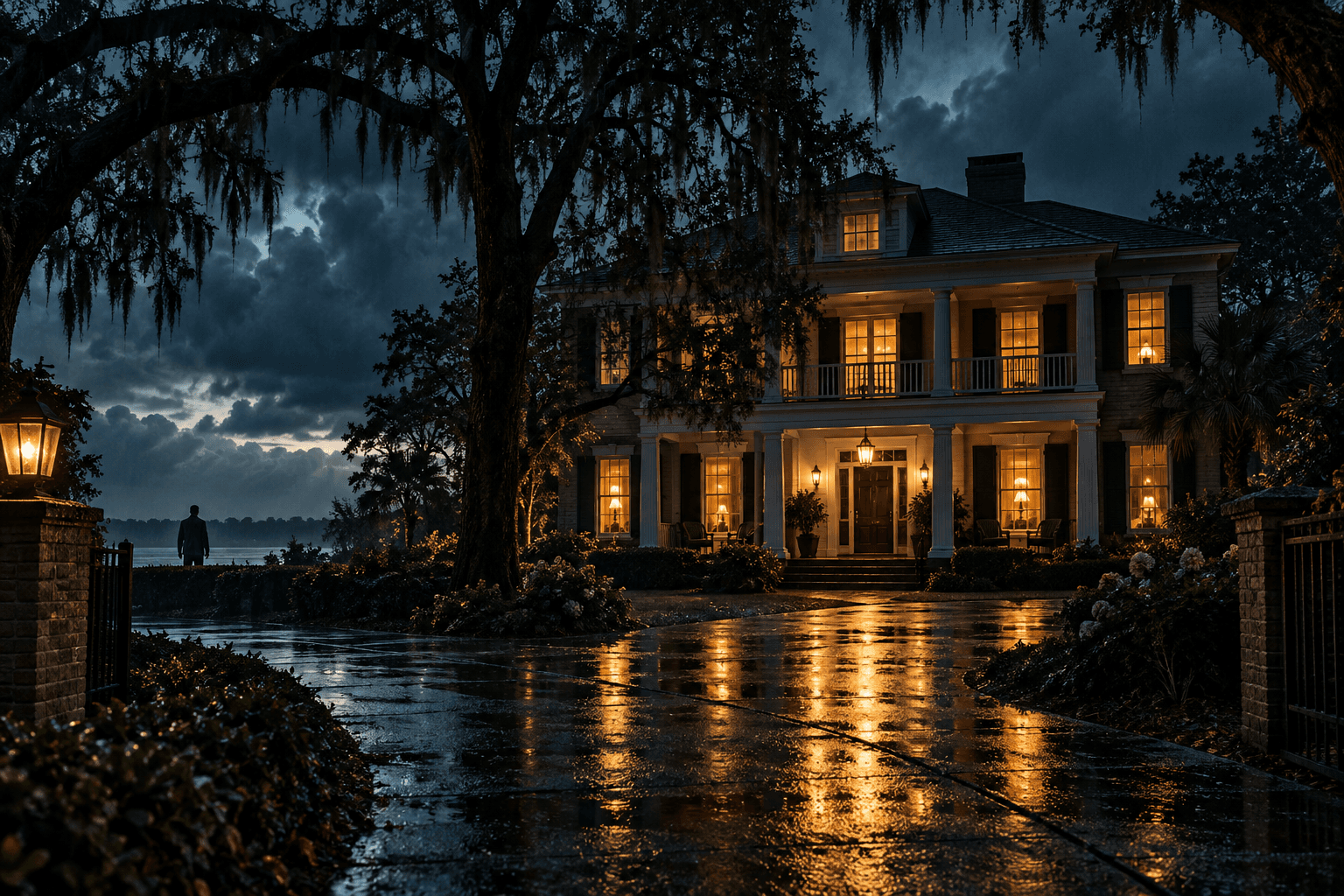 A warmly lit house beneath storm clouds, with a lone figure near the water and reflections on the driveway.