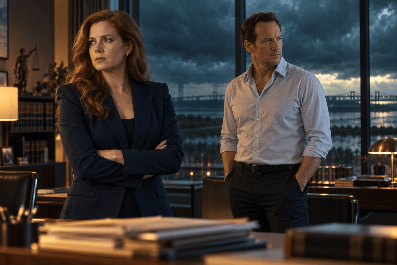 Amy Adams and Patrick Wilson as Anna and Tom Bowden, looking in opposite directions in a dark-windowed office.