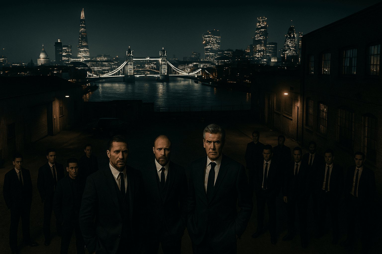 A group of suited men stands beside the Thames with London's illuminated skyline behind them.