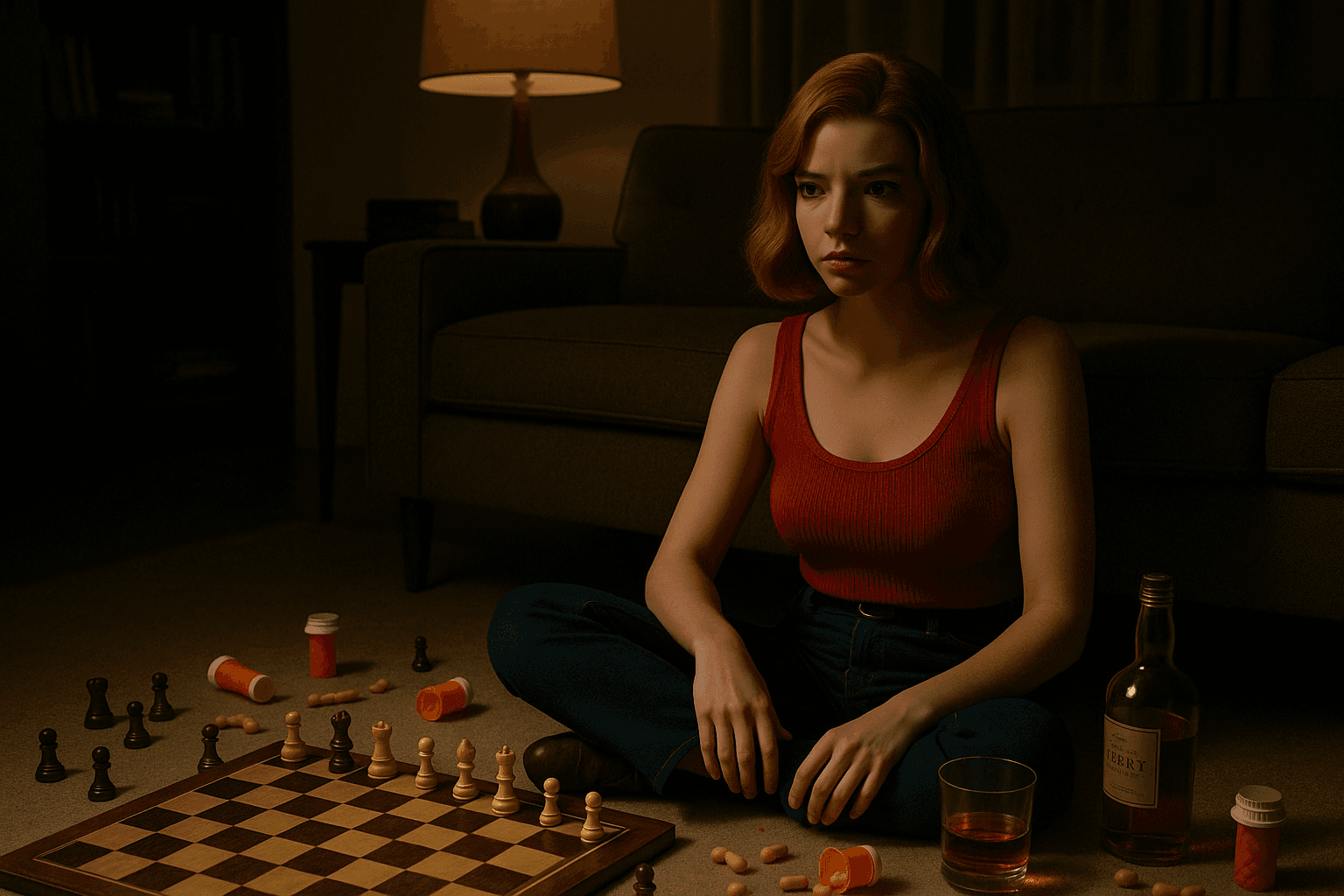 Beth Harmon in a red dress beside a chessboard in a dim room.