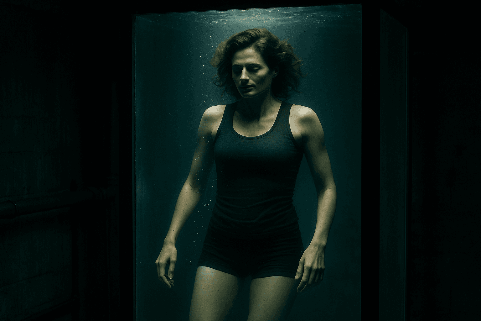 A woman in dark sleeveless clothing submerged in a glass water tank.