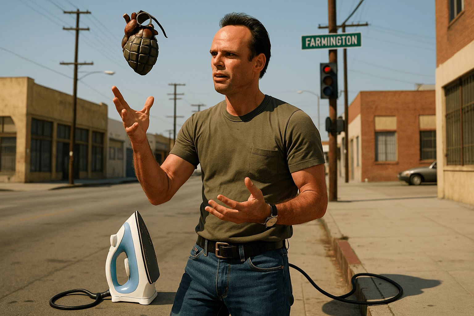 Gritty realistic street scene in Farmington - a rundown Los Angeles block under harsh sunlight with an LAPD police car and detectives on the curb - reflecting The Shield raw, documentary-style visual aesthetic.
