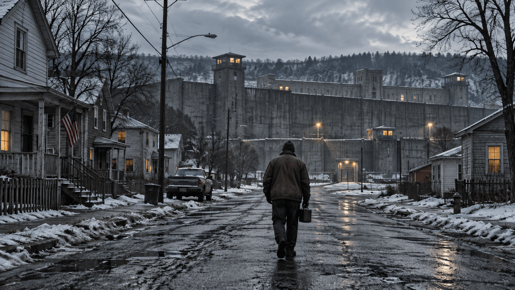 A lone figure carrying a bag walks past weathered houses and patches of snow towards tall grey prison walls.