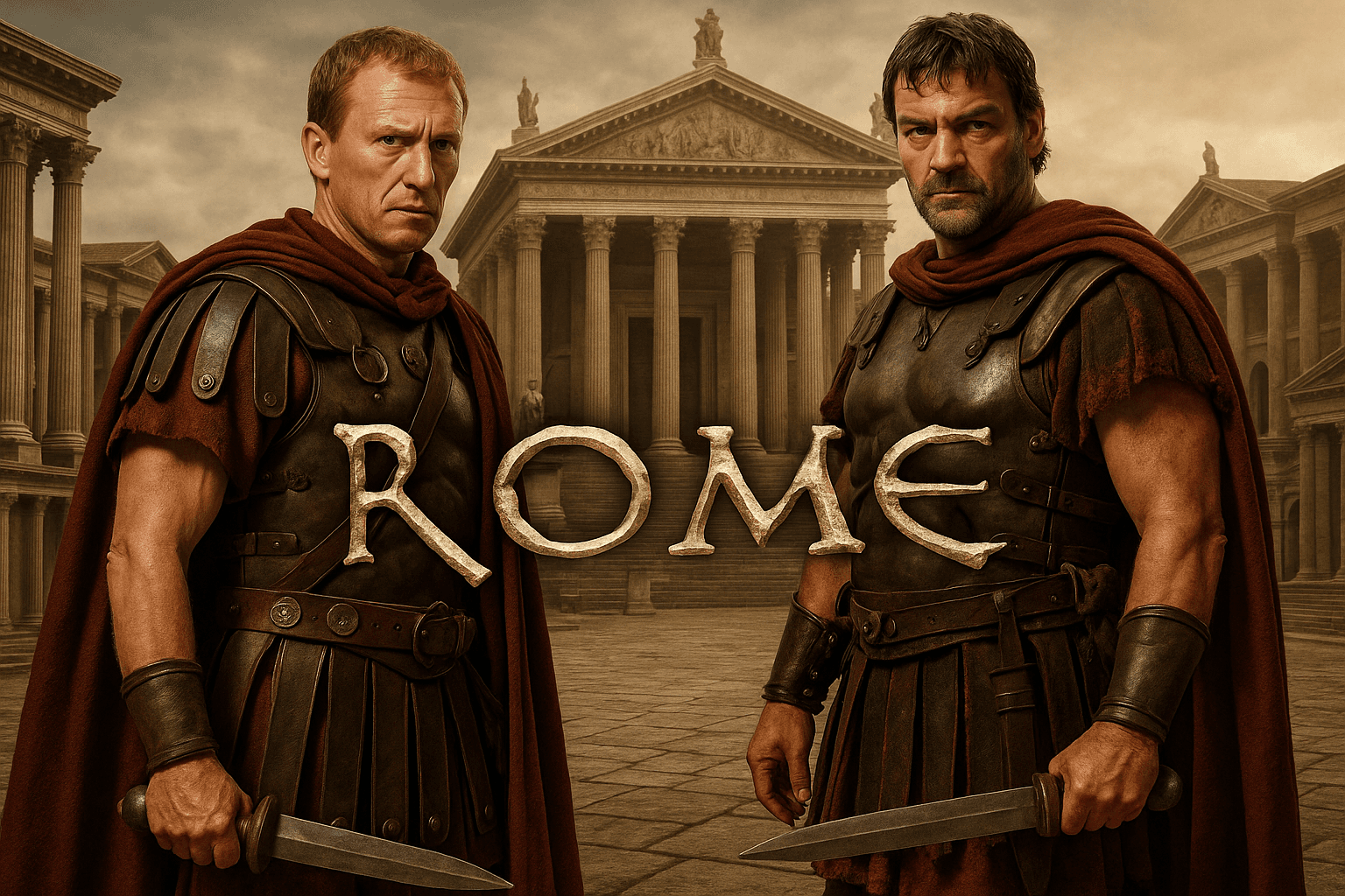 Official *Rome* promotional image featuring Lucius Vorenus and Titus Pullo in full Roman armor before the Roman Forum, with the series title displayed in stylized text.