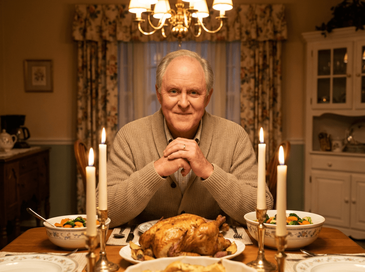 A grey-haired man sits at a candlelit dinner table in a warmly lit dining room.
