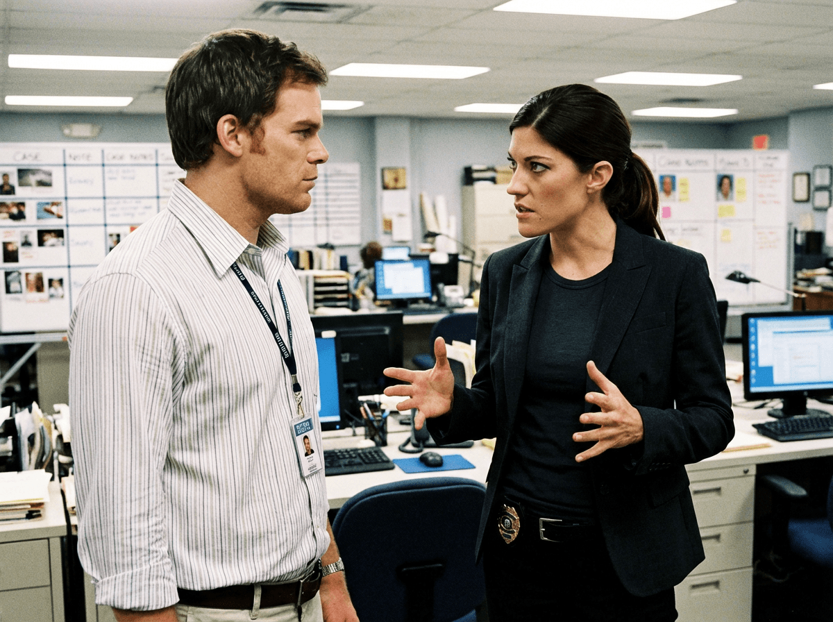 Dexter and Debra Morgan talk in the Miami Metro bullpen, surrounded by desks and noticeboards.