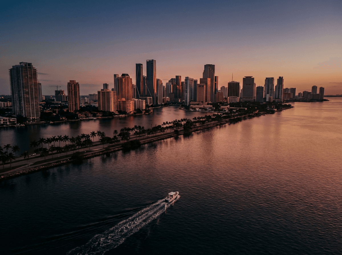 Miami’s waterfront skyline beneath a pink evening sky, with a motorboat crossing the foreground.