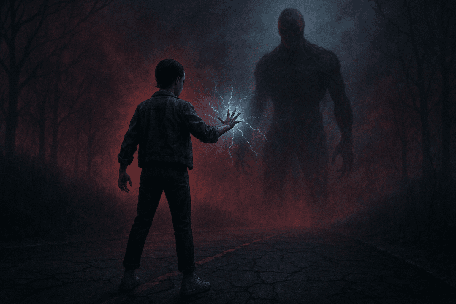 A young figure faces a towering shadow in a dark, misty landscape.