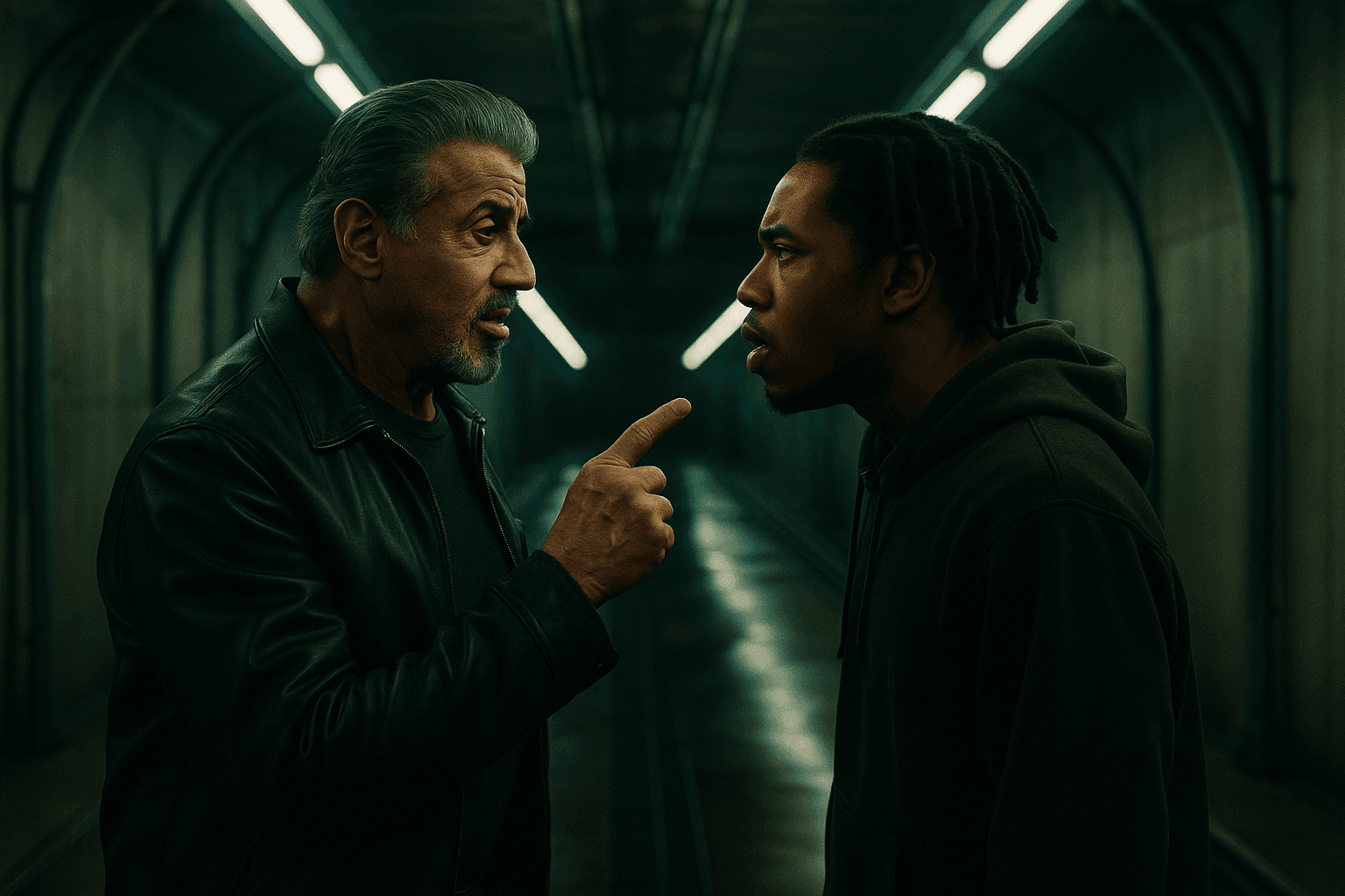Dwight Manfredi points while speaking to a younger man in a fluorescent-lit corridor.