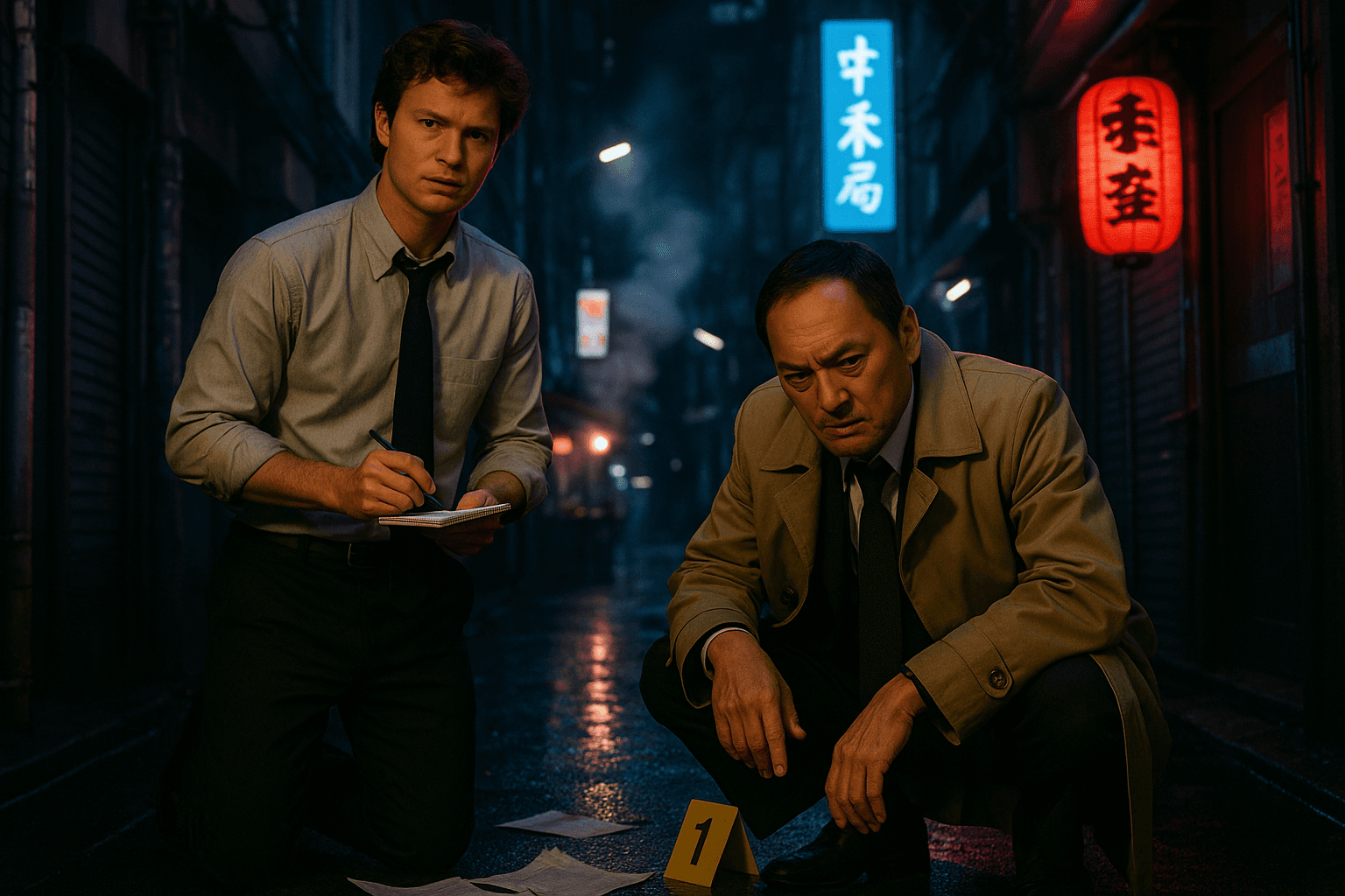 Jake Adelstein (Ansel Elgort) and Detective Katagiri (Ken Watanabe) investigate a crime scene in a narrow Tokyo alley at night, neon signs casting colorful light on the wet pavement and their concentrated faces.