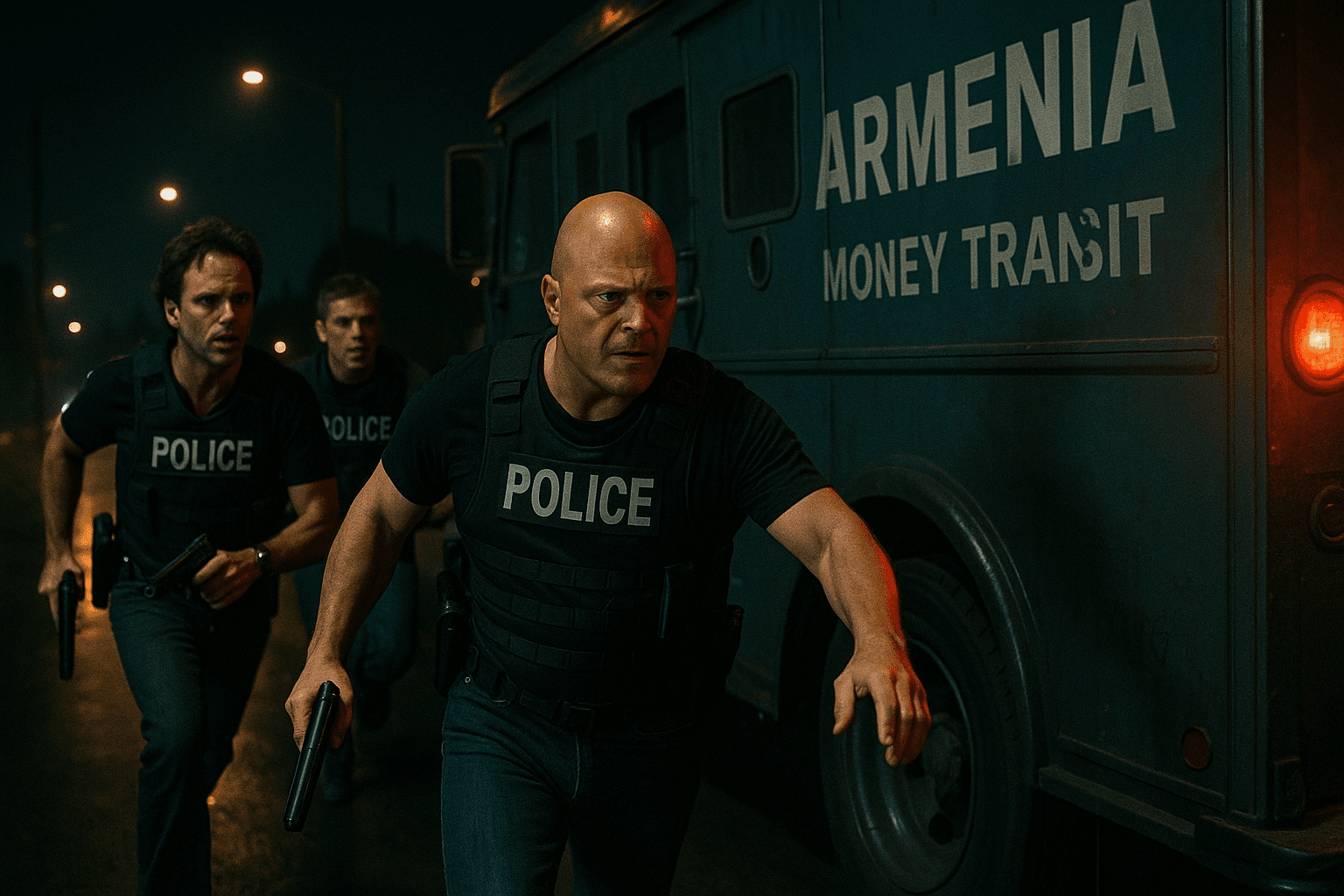 Vic Mackey and other officers move beside an Armenia Money Transit van at night.