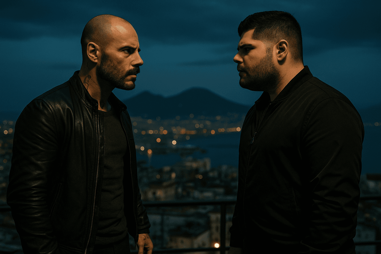 Genny Savastano (Salvatore Esposito) and Don Pietro (Fortunato Cerlino) overlooking the Scampia housing blocks from a balcony, illustrating Gomorrah's gritty Naples setting and generational power dynamic.