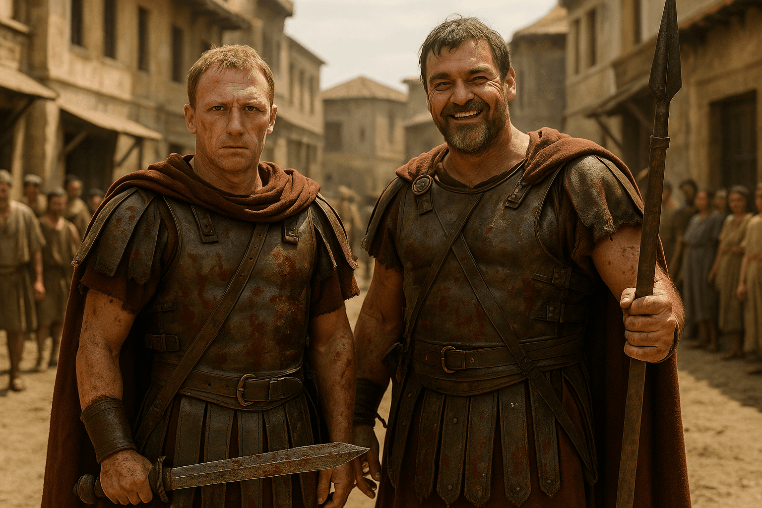 Vorenus and Pullo in armour on a busy Roman street.