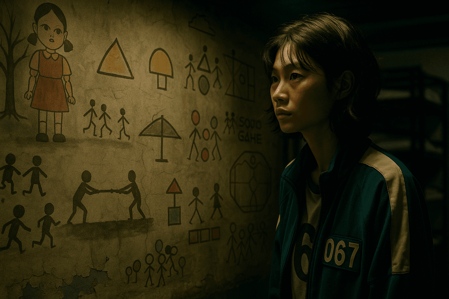 Kang Sae-byeok stands beside a wall covered with childlike drawings.