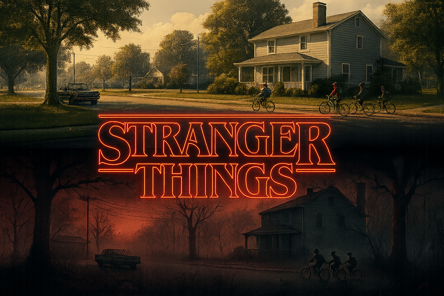 A quiet house and trees sit above a darker inverted landscape beneath the Stranger Things title.