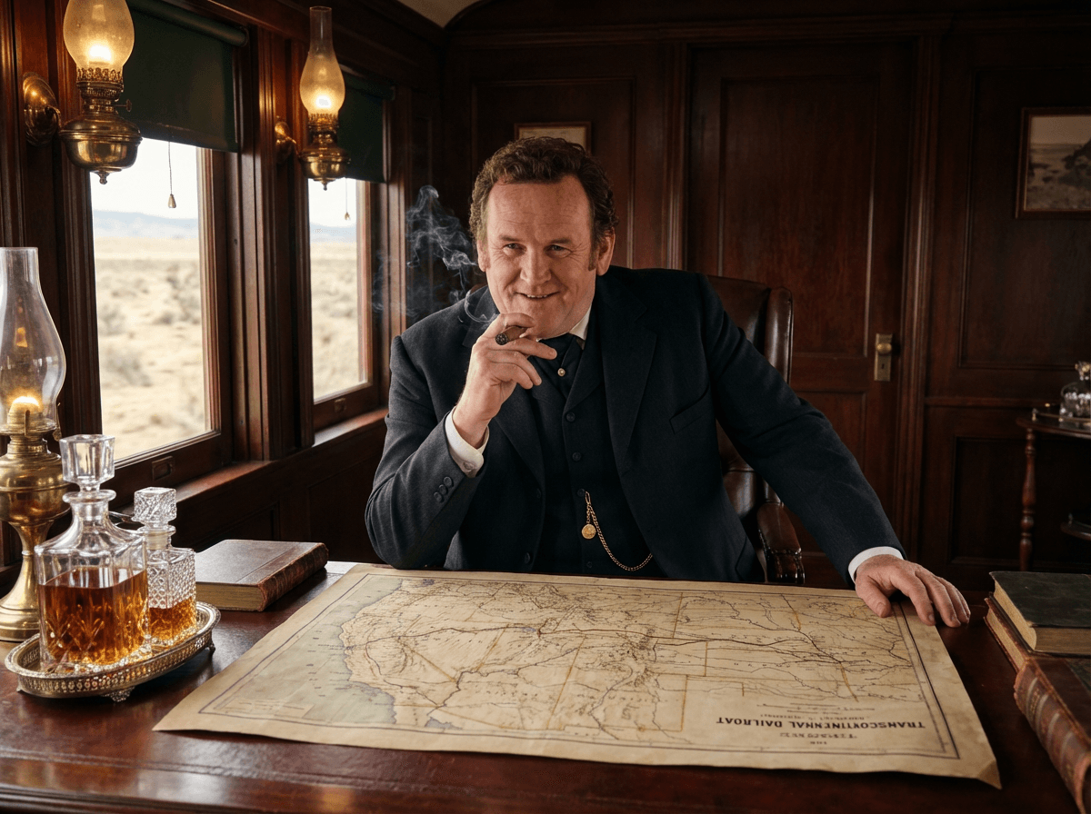 Colm Meaney as Thomas Durant, seated at a map-covered table in a wood-panelled railway carriage.