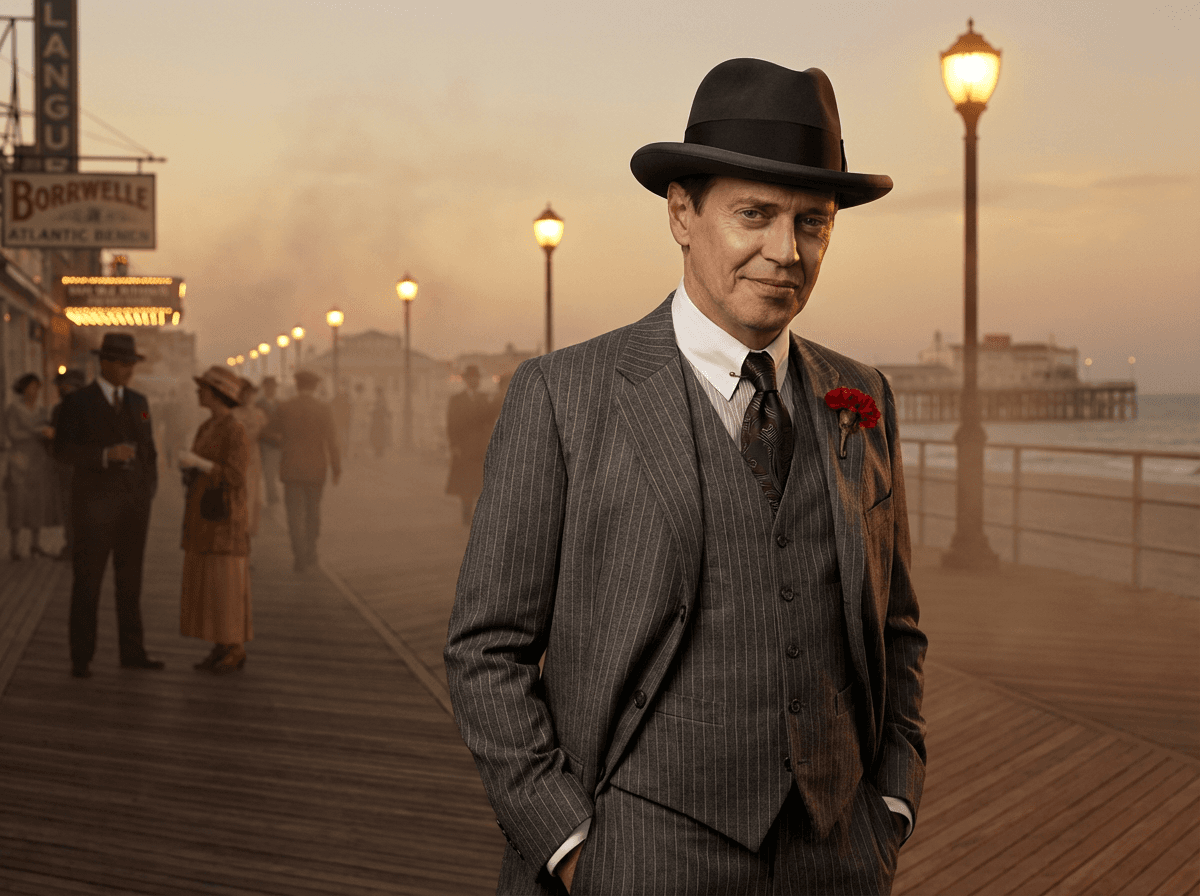 Steve Buscemi as Nucky Thompson standing on the 1920s Atlantic City boardwalk at dusk in a pinstripe three-piece suit with a red carnation in Boardwalk Empire