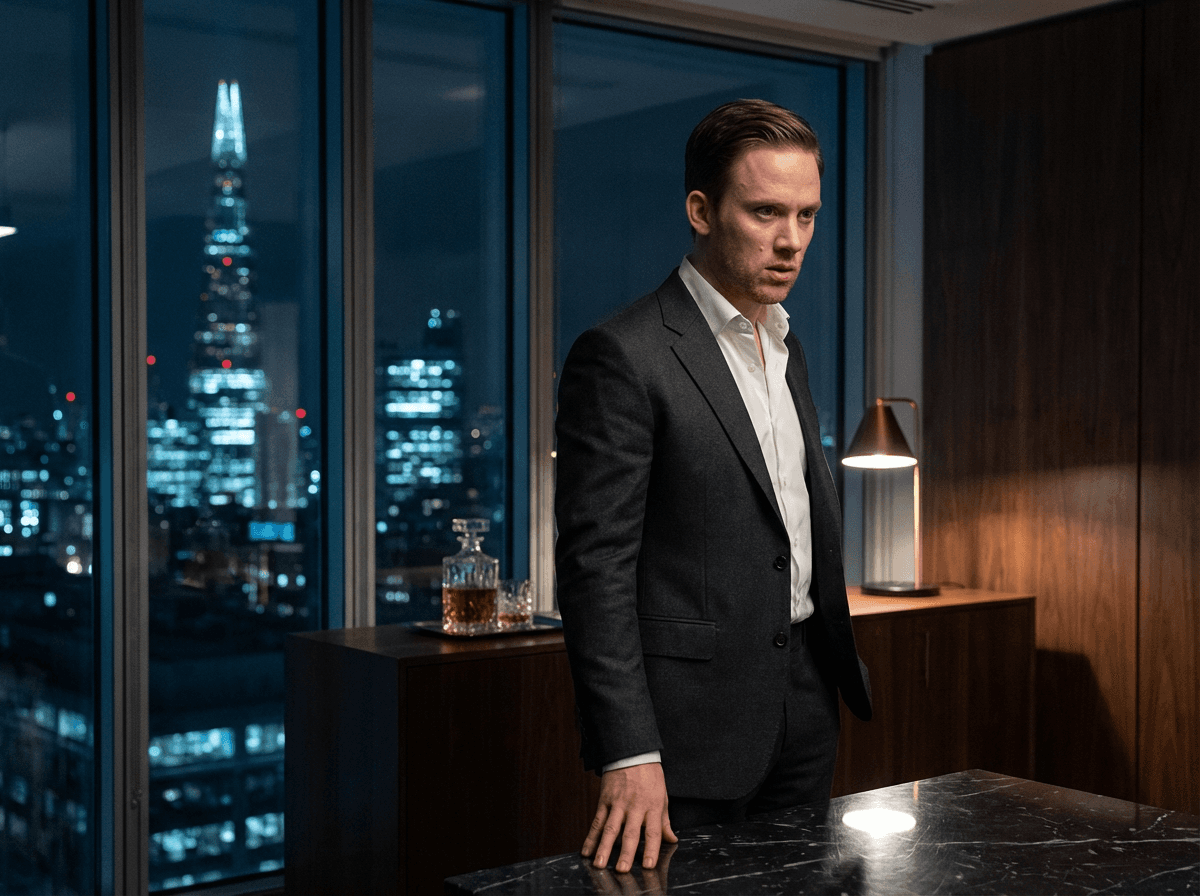 Joe Cole as Sean Wallace standing in a luxurious upstairs office with the nighttime London skyline behind him in Gangs of London