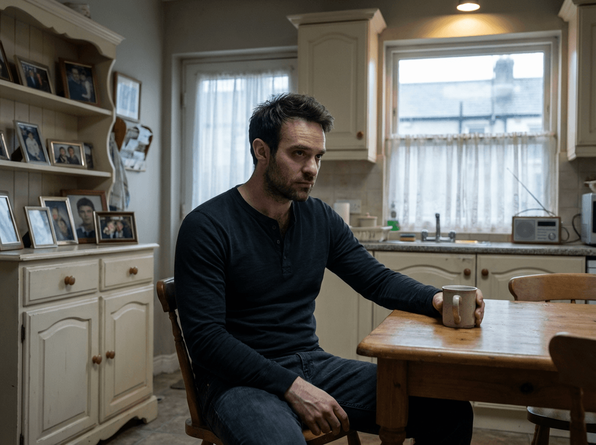 Charlie Cox as Michael Kinsella sitting at the kitchen table of a Dublin family home holding a mug of tea with a brooding expression in Kin