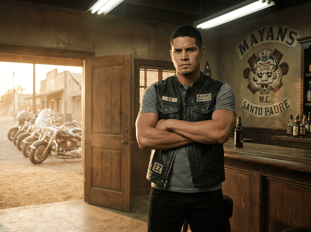 JD Pardo as Ezekiel EZ Reyes in the Mayans Motorcycle Club clubhouse in Santo Padre wearing a black Mayans M.C. kutte in Mayans M.C.