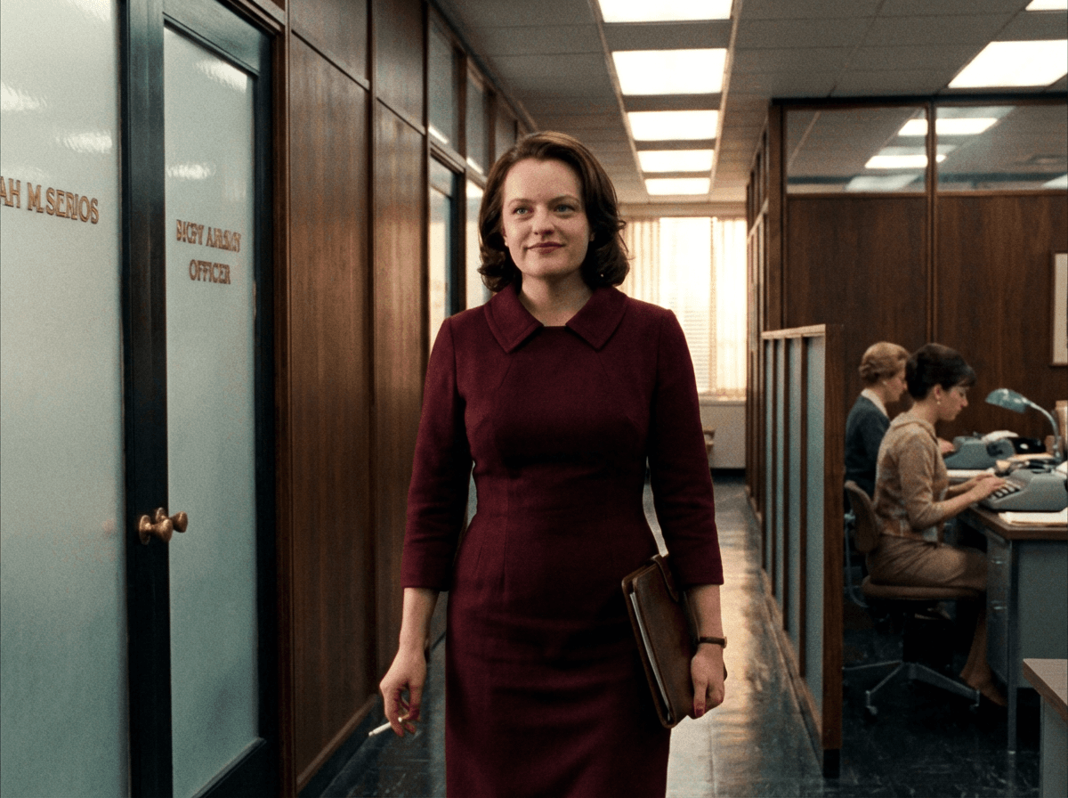 Illustration of Peggy Olson in a burgundy dress, carrying a folder and cigarette through an office corridor.