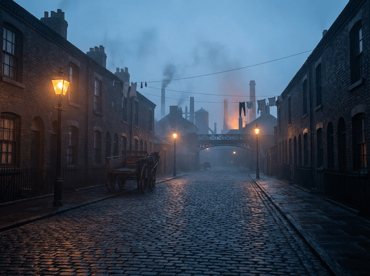 Wet cobblestones, red-brick terraces, gas lamps and a horse-drawn carriage beneath factory chimneys at dusk.