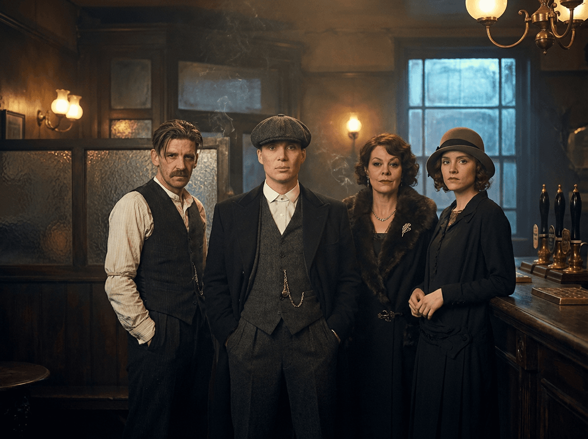 Four Shelby family members standing together in a wood-panelled pub, dressed in period clothes.