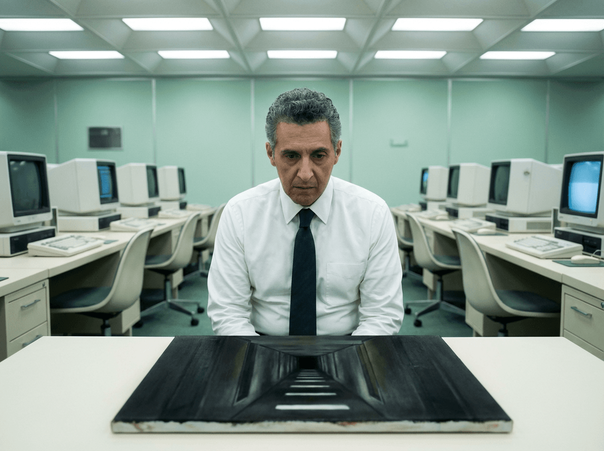 Irving sits in a pale green computer room behind a dark painting of a corridor.