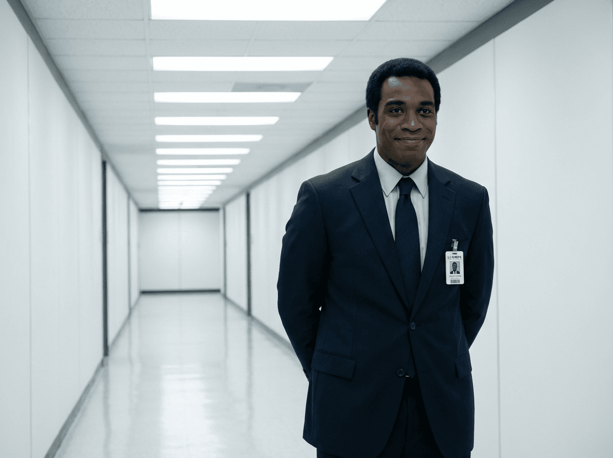 Milchick stands in a white office corridor wearing a dark suit and an identification badge, his hands behind his back.