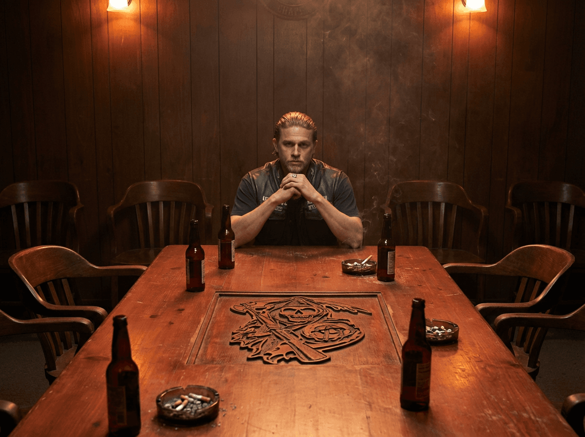 Illustration of Jax Teller seated at a wooden club table, with his hands clasped and bottles nearby.