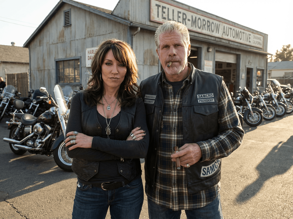 Illustration of Gemma Teller Morrow and Clay Morrow outside the Teller-Morrow garage, with motorcycles behind them.
