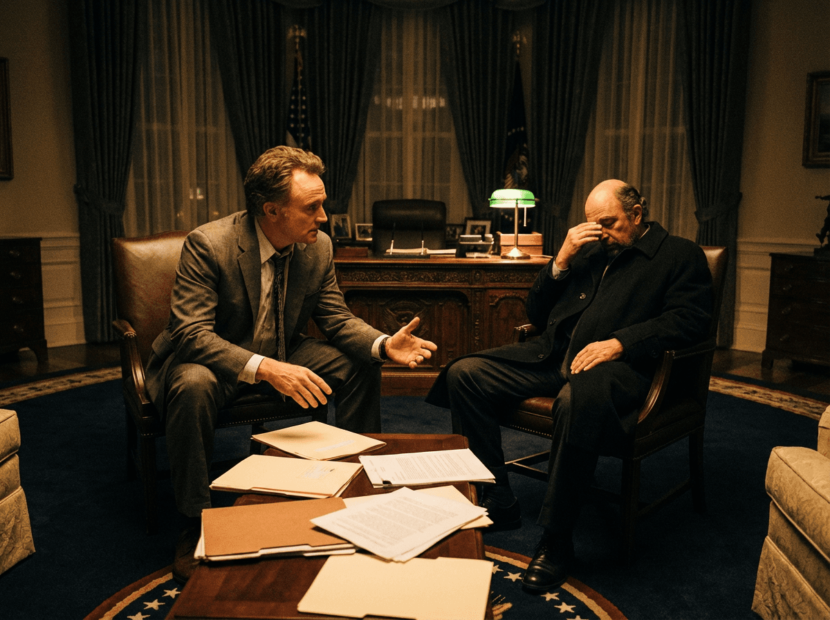 Illustration of Josh Lyman and Toby Ziegler seated opposite each other in the Oval Office at night, with papers and coffee cups between them.